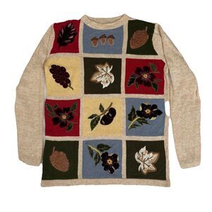 Vintage Blair Ramie Fall Sweater Patchwork Velvet Appliqué Leaves Acorns Velvet